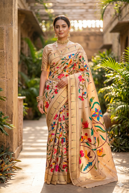 Off-White Paithani silk saree from Saarang Sarees with intricate traditional patterns and matching unstiched blouse for festive wear.