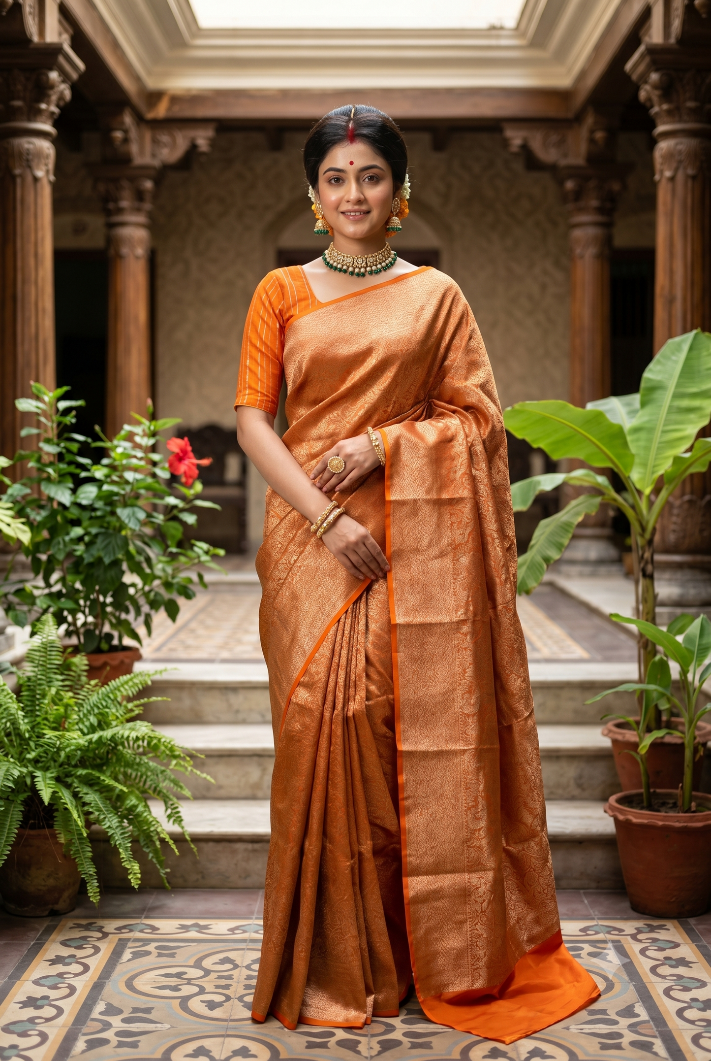 Saffron Brocade Kora Banarasi Silk Saree, With Unstiched Blouse