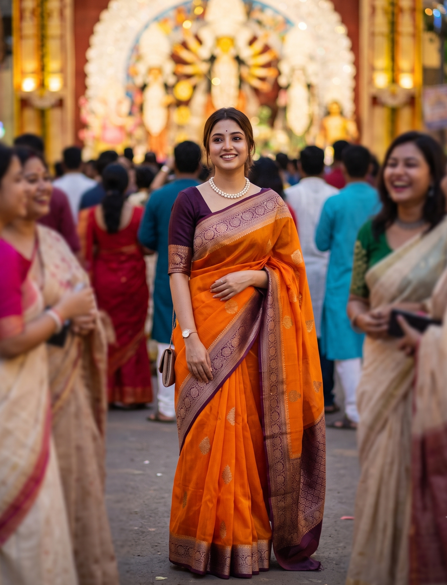 Saffron Kora Banarasi Silk Saree, With Unstiched Blouse