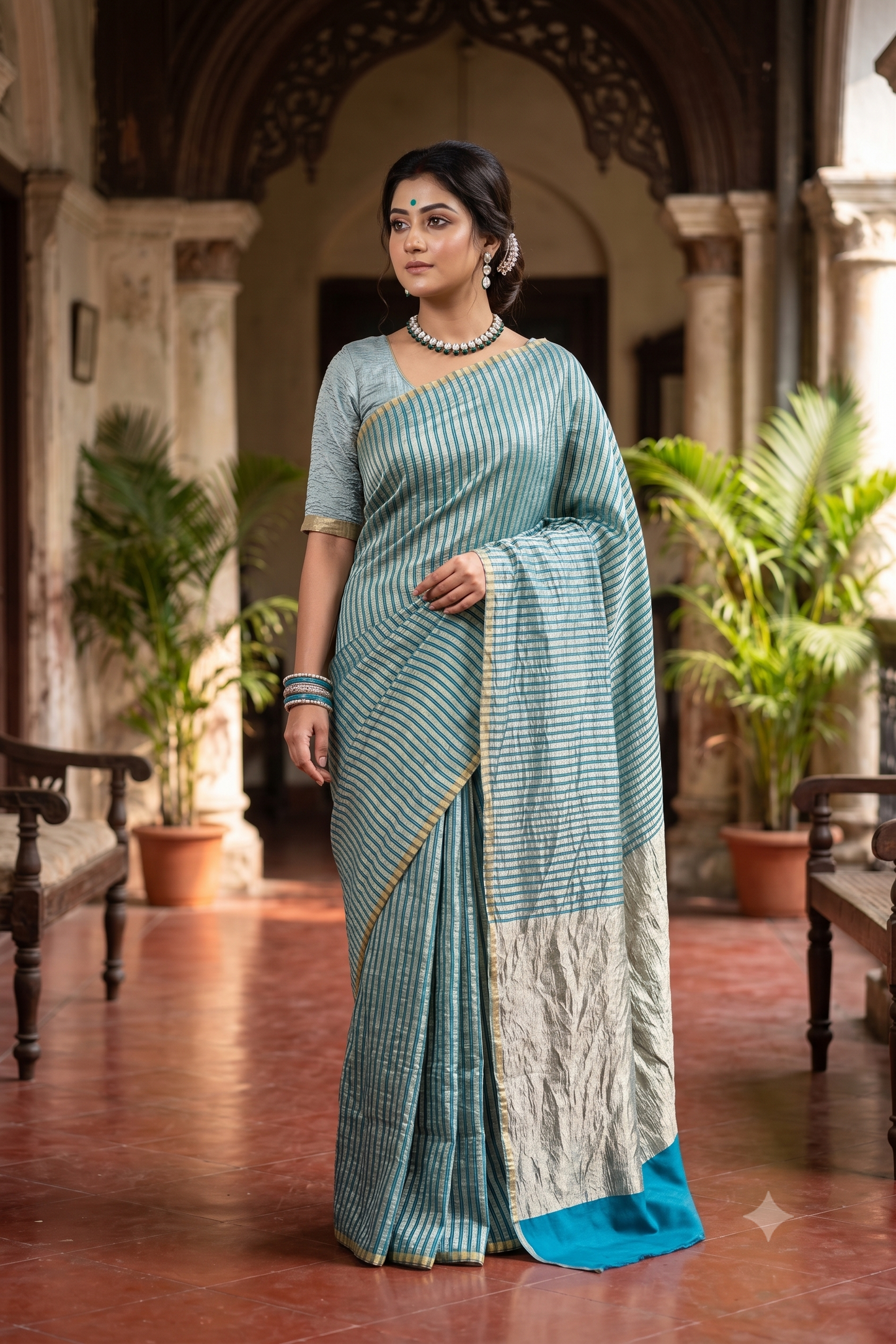 Blue Zari Stripe Munga Borderless Saree, With Unstiched Blouse