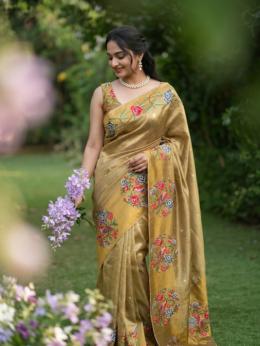 Golden Tissue Embroidery Saree, With Unstiched Blouse
