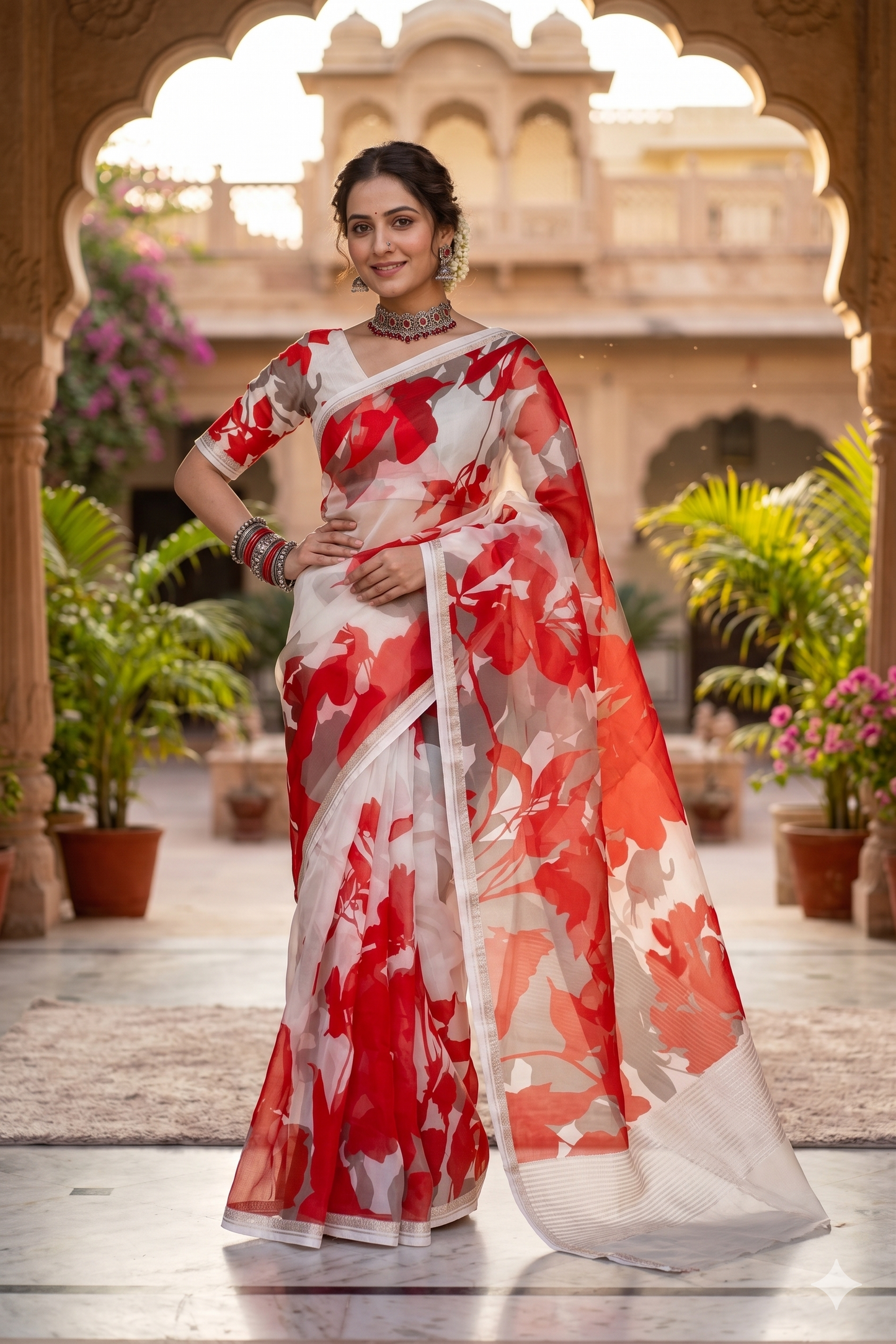 White & Red Floral Printed Organza Saree, With Unstiched Blouse