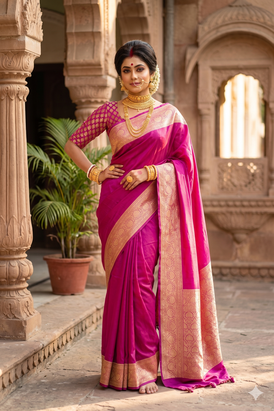 Magenta Mysore Crepe Silk Banarasi saree with intricate gold zari work and matching unstiched blouse for traditional wear.