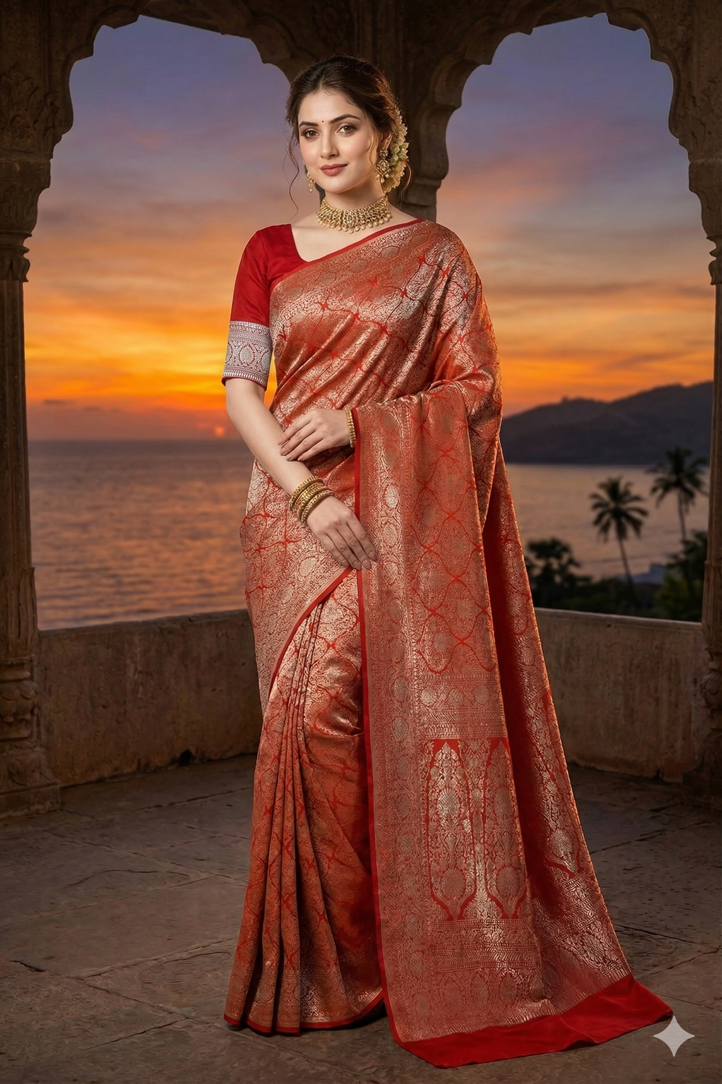 Red brocade crepe Khaddi silk saree with intricate design, paired with unstitched blouse, perfect for party wear from Saarang Sarees.
