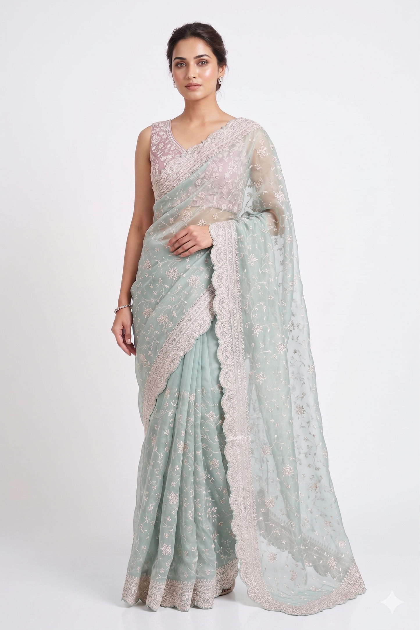 Light blue tissue organza silk saree with embroidery and unstiched blouse, perfect for party wear by Saarang Sarees.