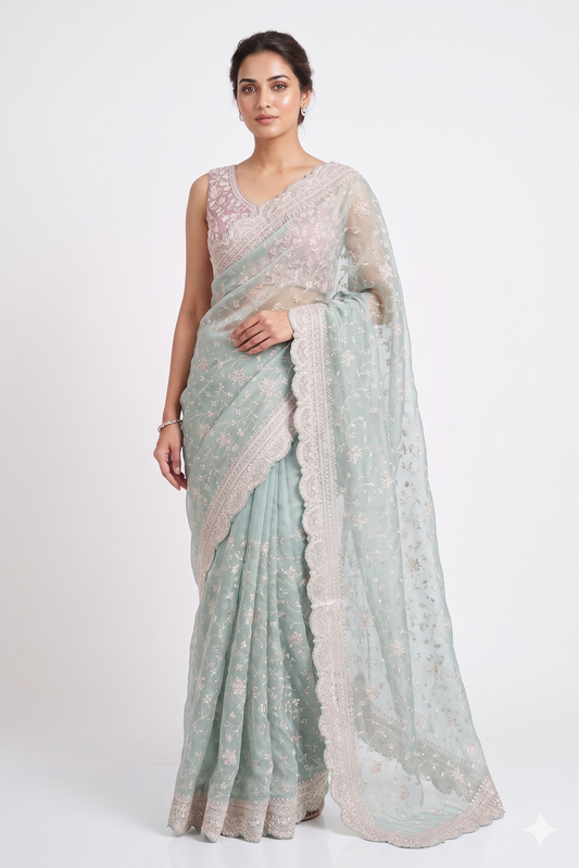 Light blue tissue organza silk saree with embroidery and unstiched blouse, perfect for party wear by Saarang Sarees.