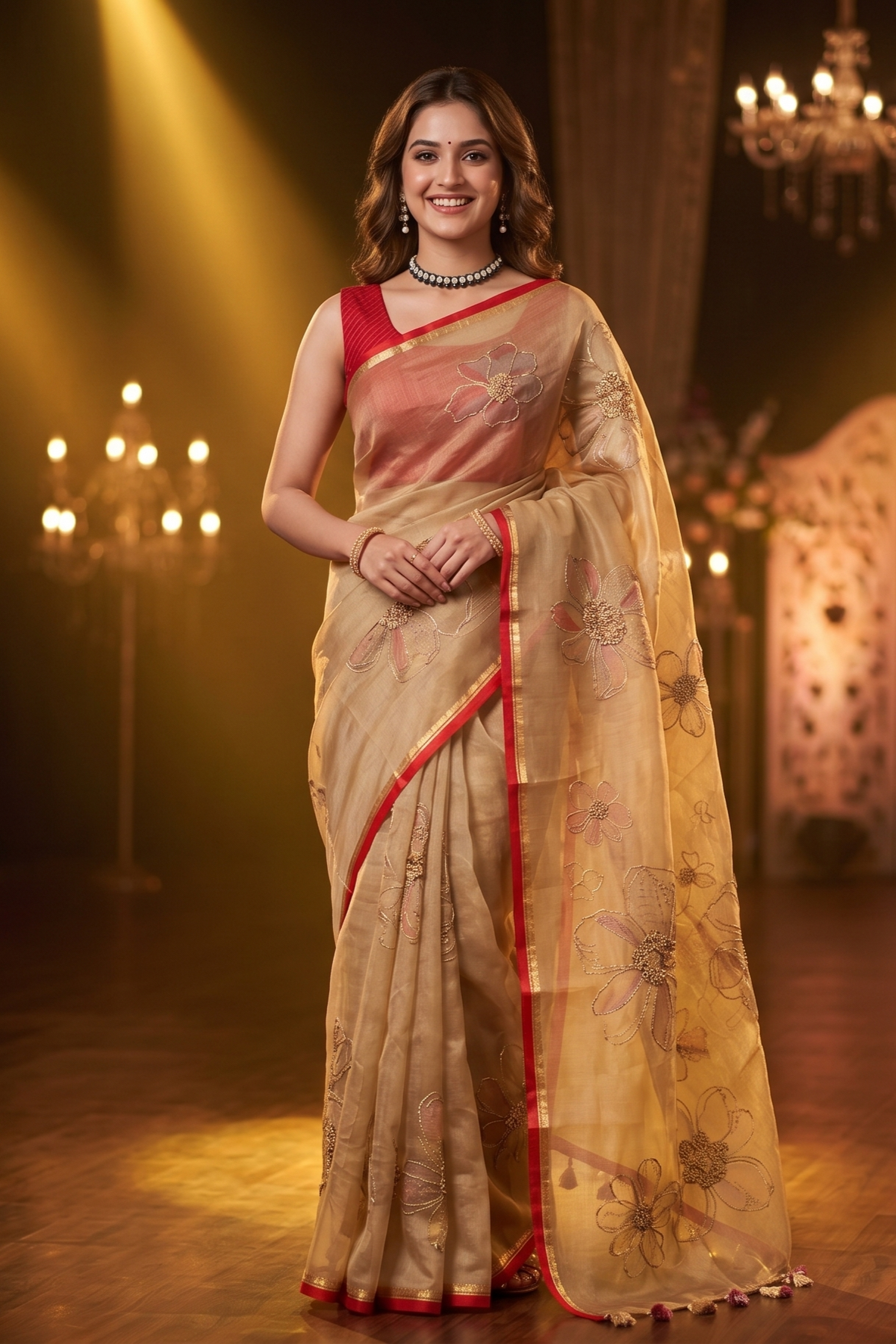 Golden Beige Tissue Organza Silk With Ari Work Saree, With Unstiched Blouse