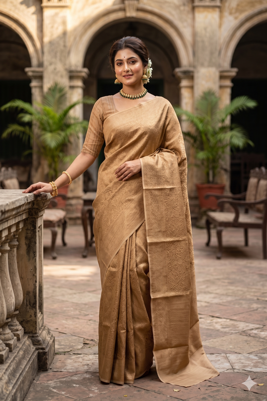 Beige Brocade Kora Banarasi silk saree with intricate traditional patterns and matching unstiched blouse from Saarang Sarees.