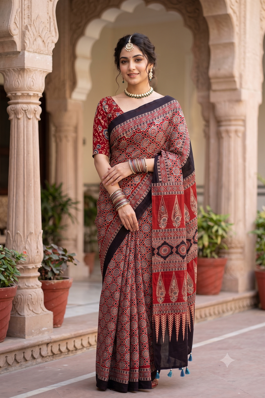Maroon Pure Modal Silk Ajrakh Printed Saree With Unstiched Blouse