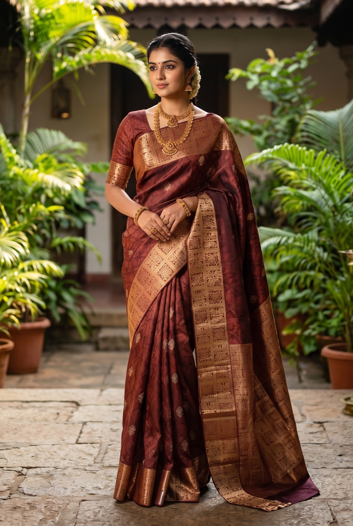 Brown Pure Kanjeevaram Silk Saree, With Unstiched Blouse