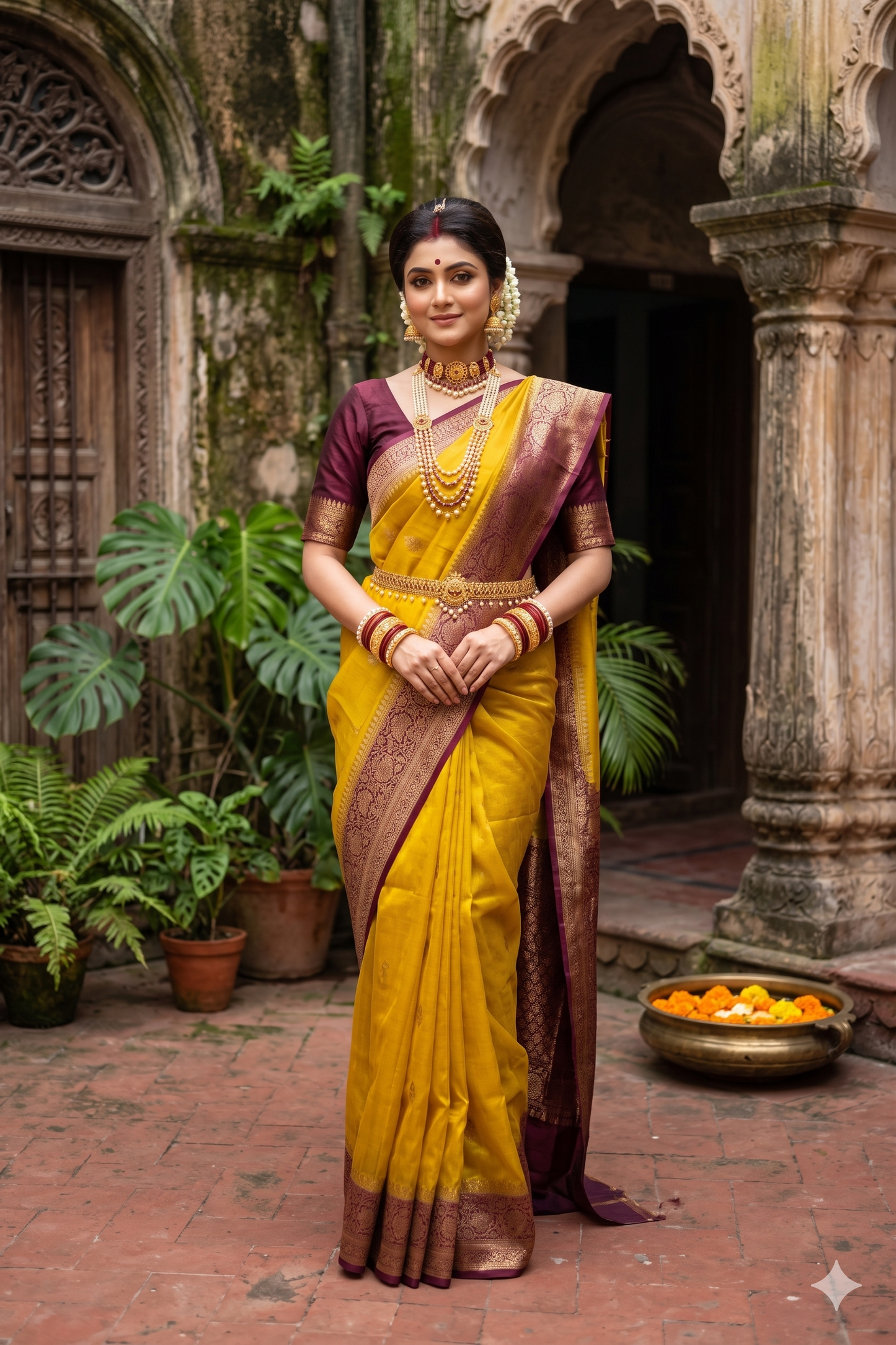 Yellow Kora Banarasi Silk Saree, With Unstiched Blouse