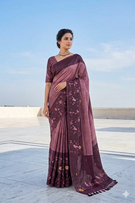 Purple Tussar Resham embroidery saree with unstiched blouse, traditional wear by Saarang Sarees, detailed embroidery and rich fabric.