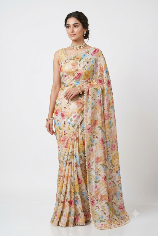 Multi Printed Georgette Sequin Saree, With Unstiched Blouse