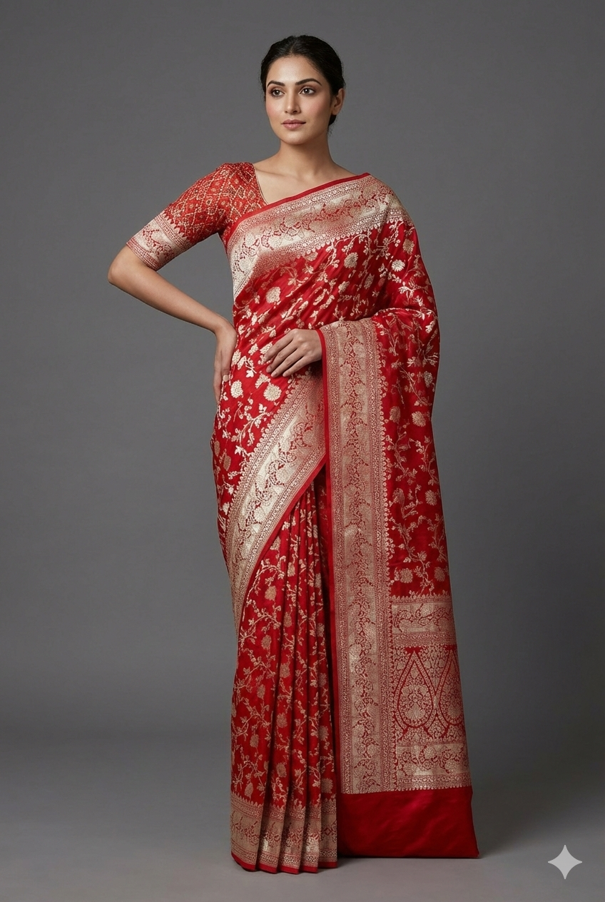 Red Uppada Banarasi saree from Saarang Sarees with intricate gold zari work and matching unstiched blouse.