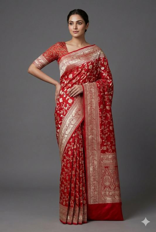 Red Uppada Banarasi saree from Saarang Sarees with intricate gold zari work and matching unstiched blouse.