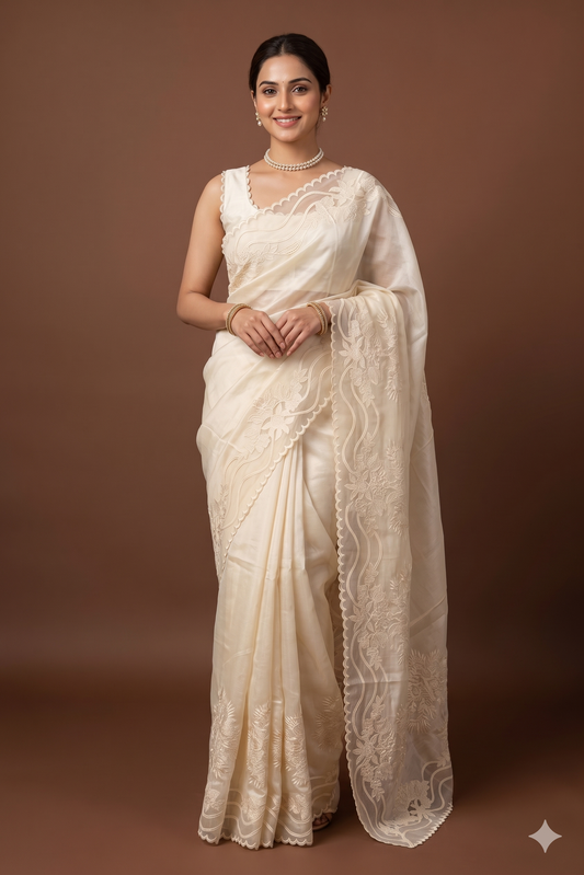 Off-White organza saree with tussar applique work, party wear style, paired with an unstitched blouse from Saarang Sarees.