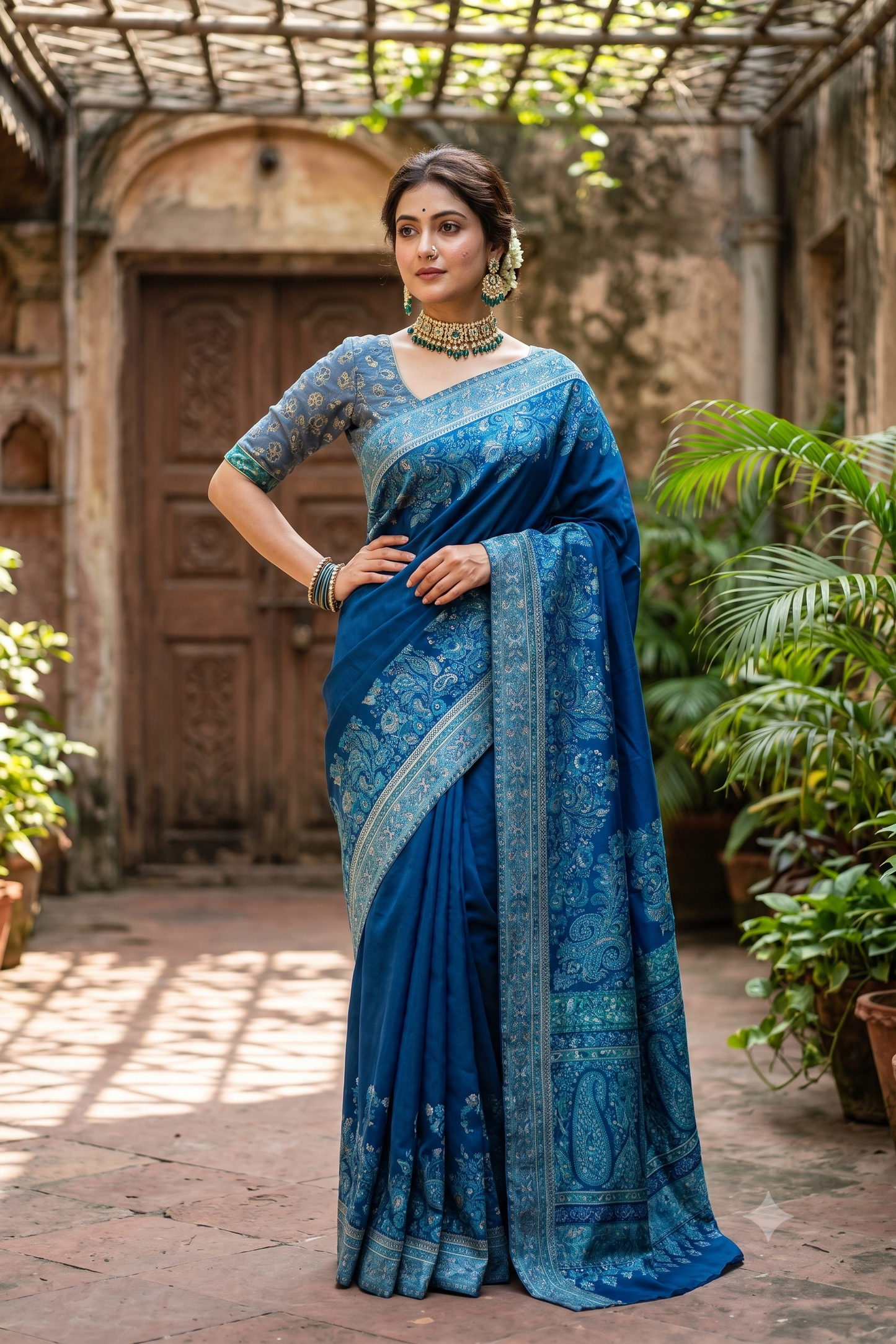 Royal Blue Pure Kani Handloom Silk Saree With Unstiched Jamewar Woven Blouse