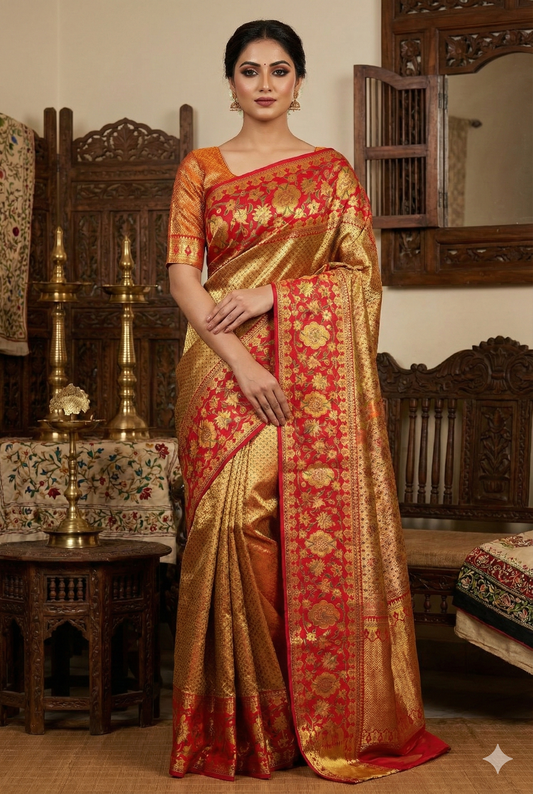 Beige Gold Tissue Kanjeevaram Silk Saree, With Unstiched Blouse - Saarang Sarees
