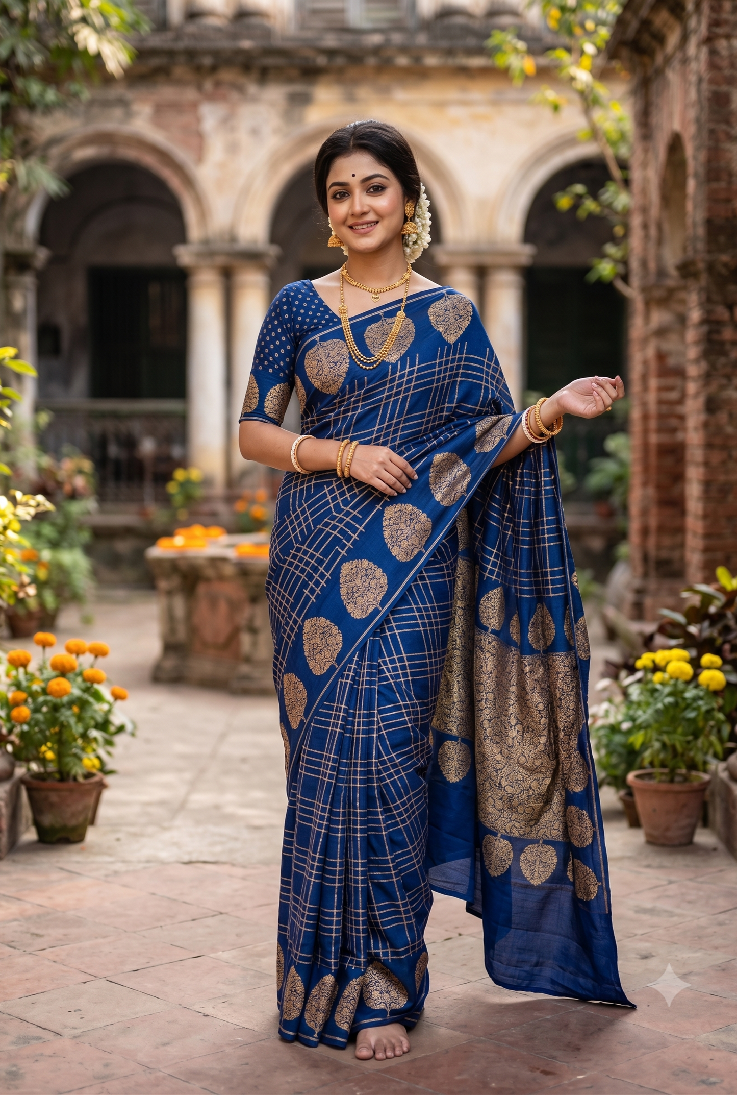 Deep Blue Mysore Crepe Silk Banarasi Saree, With Unstiched Blouse