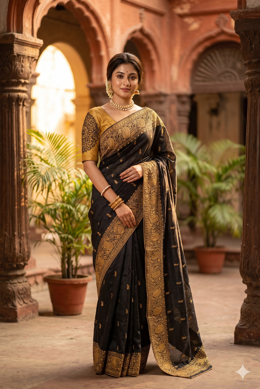 Black Tussar embroidery saree with Kashmiri work border and unstiched blouse from Saarang Sarees, traditional Indian attire.