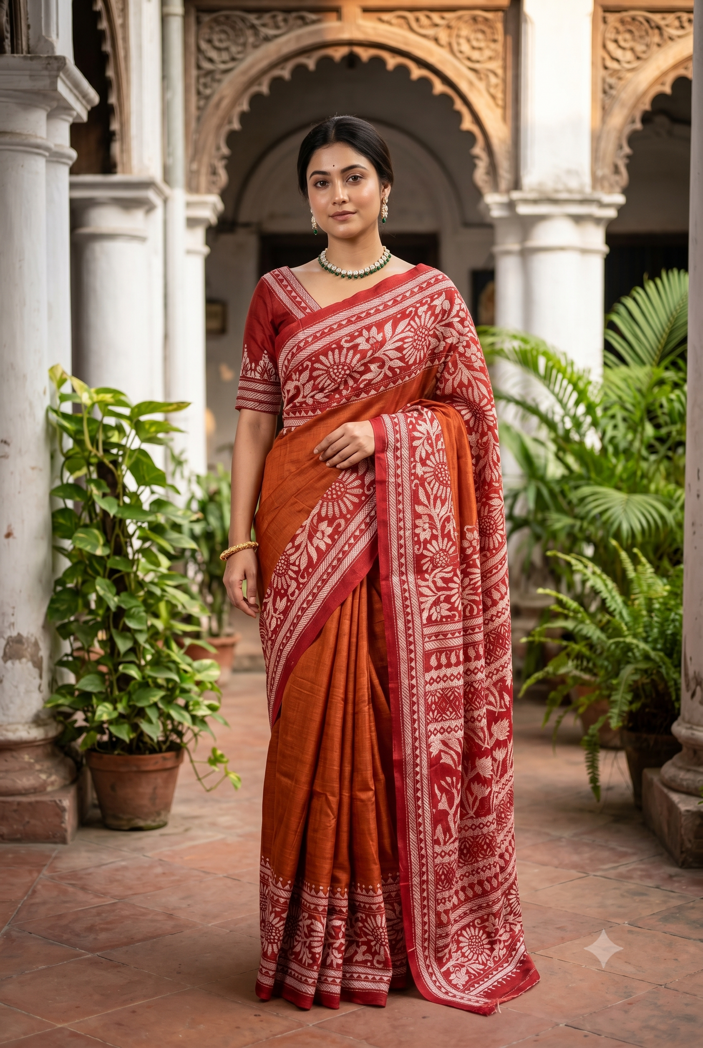 Copper Tussar Embroidery Saree With Kantha Work Border, With Unstitched Blouse