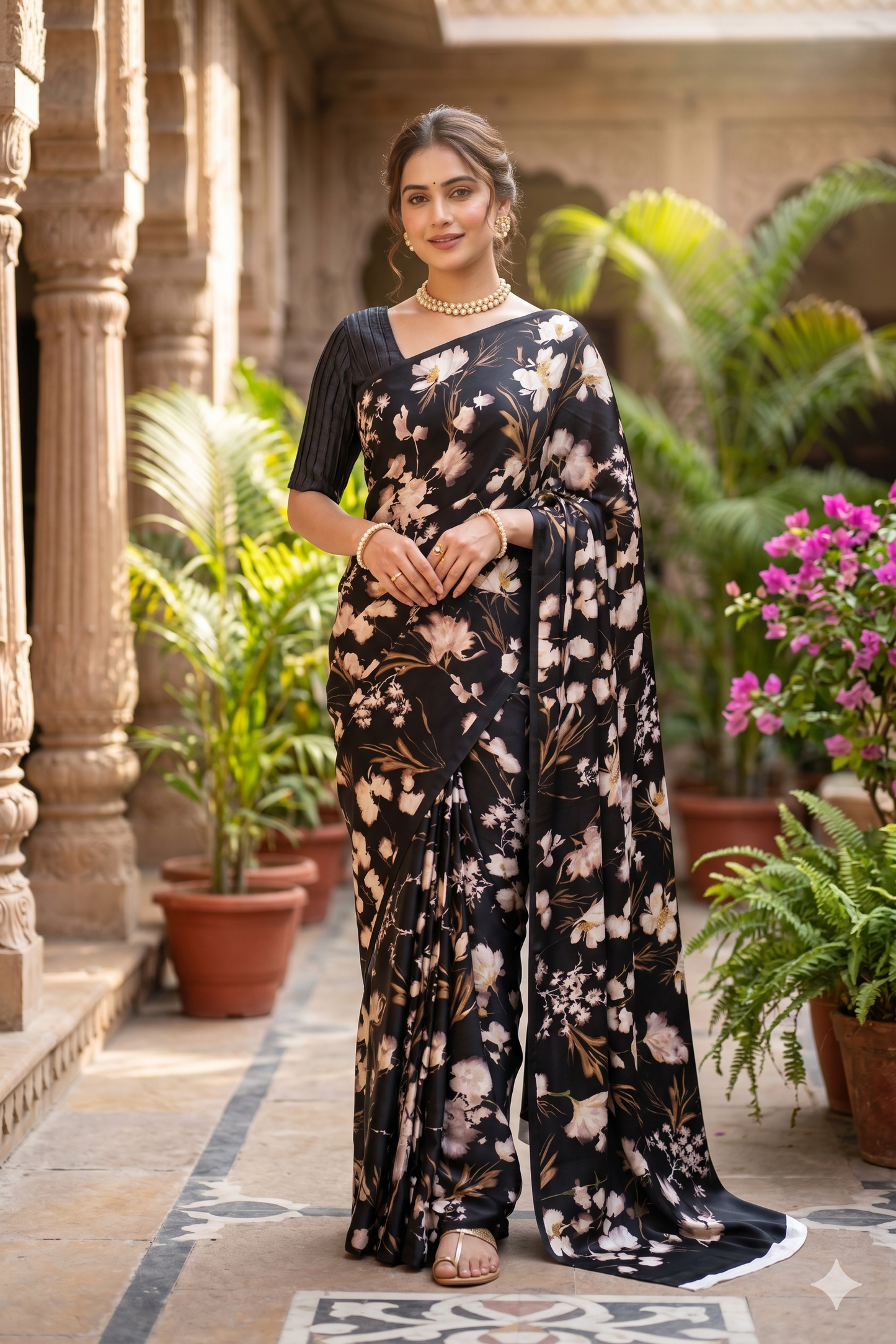 Black Crepe Satin Printed Saree, With Unstitched Blouse