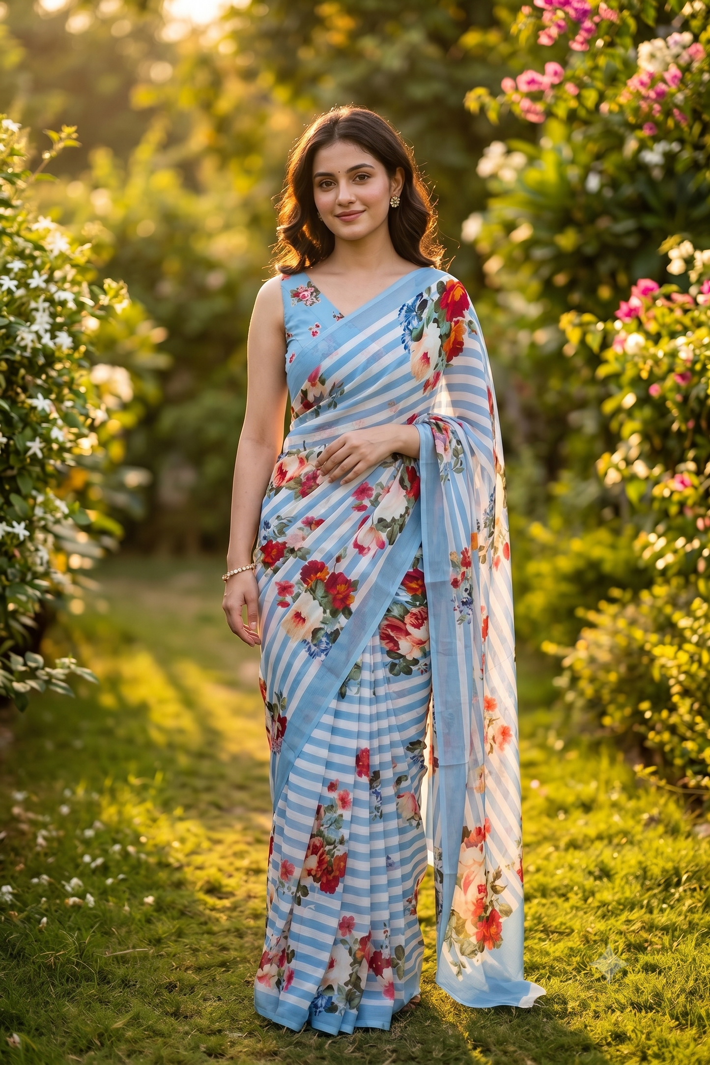 White Sky Stripe Floral Printed Chiffon Saree, With Unstiched Blouse Piece