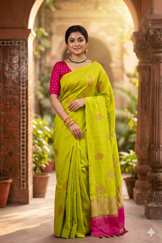 Lime green Munga Banarasi silk saree with intricate gold patterns and an unstiched blouse, traditional wear by Saarang Sarees.
