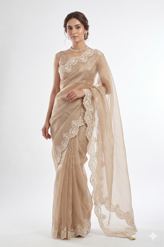 Light brown organza silk saree with resham embroidery, party wear design, paired with an unstiched blouse from Saarang Sarees.