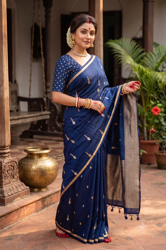 Deep Blue Mashru Silk Banarasi Handloom Saree, With Unstiched Blouse