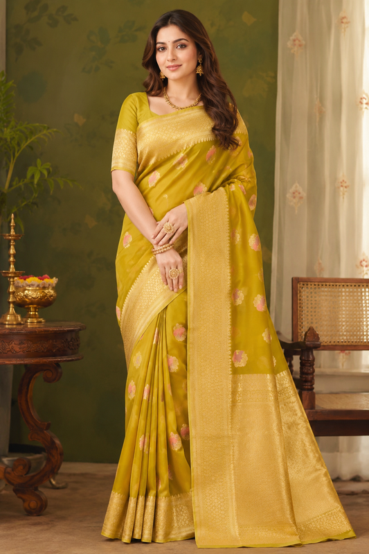 Mustard Yellow Kora Banarasi Silk Saree With Hand Weving Work, With Unstiched Blouse