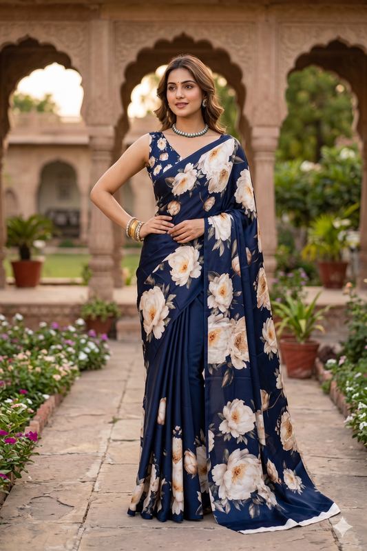 Dark blue and white floral printed satin crepe saree with unstiched blouse, ideal for party wear, from Saarang Sarees.