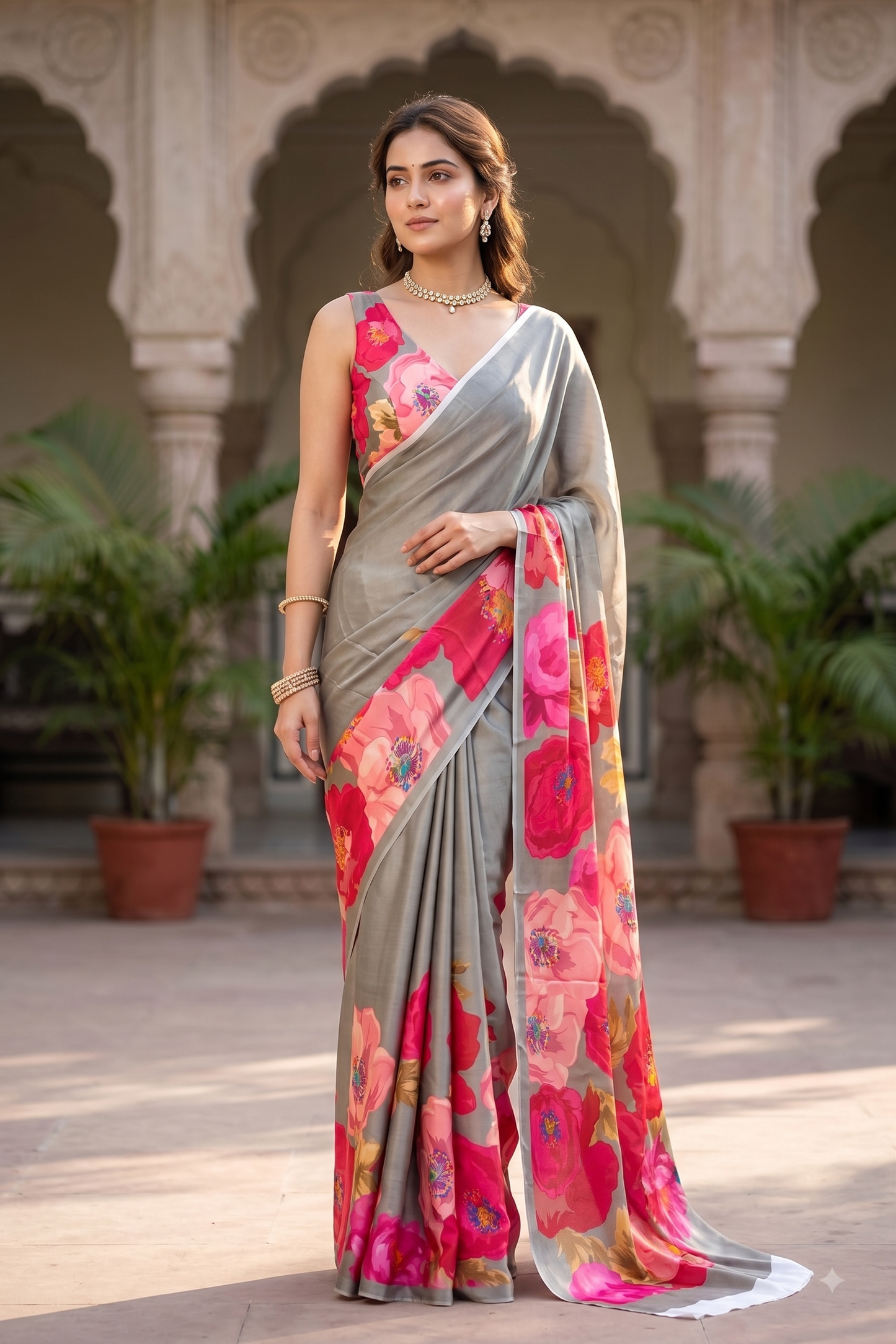 Grey & Multi Floral Printed Satin Crepe Saree, With Unstiched Blouse