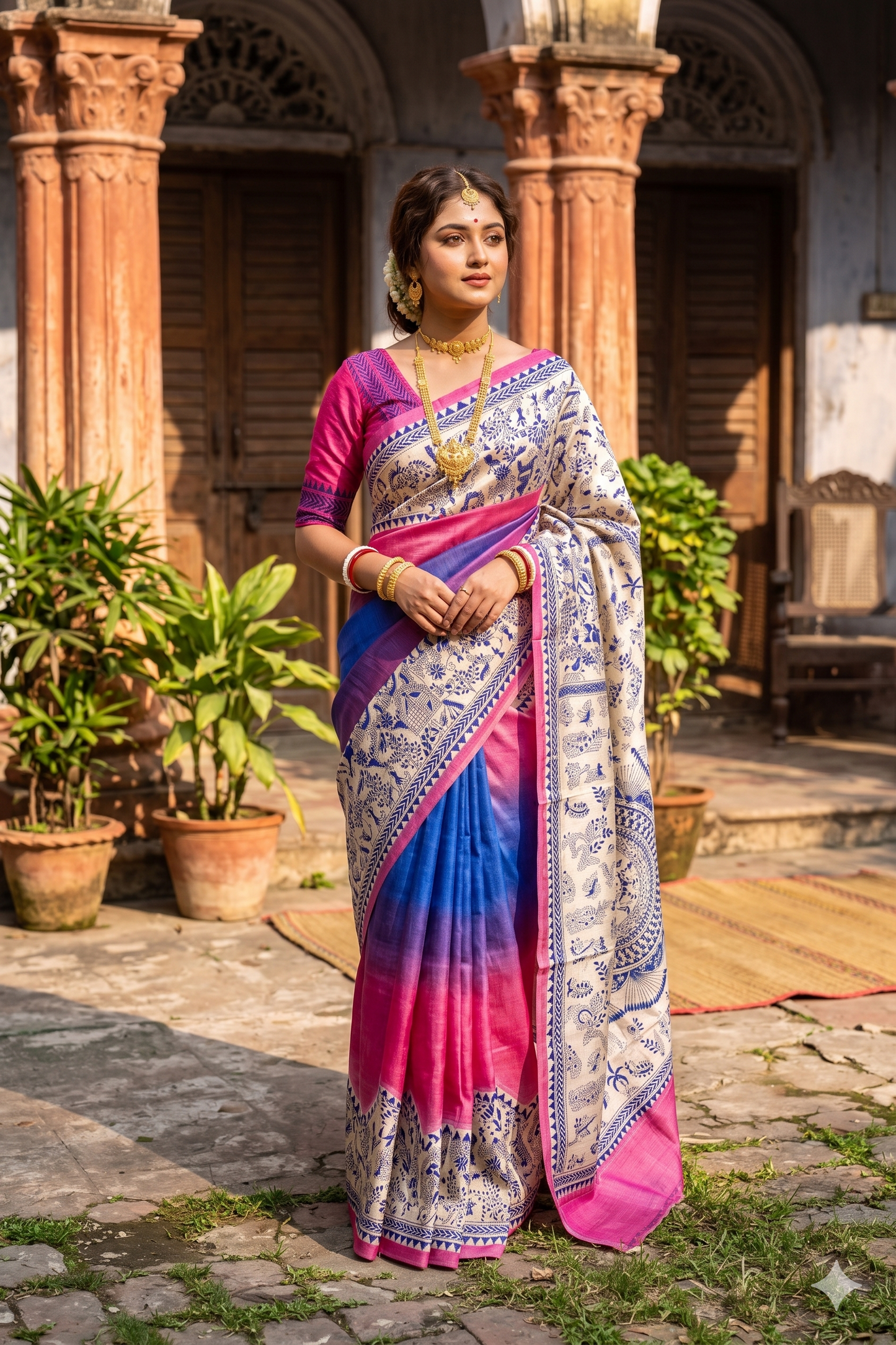 Pink & Blue Tussar Embroidery Saree With Kantha Work Border, With Unstitched Blouse