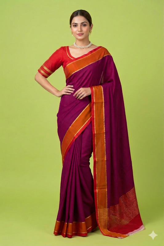 Wine Mysore Crepe Silk Saree With Unstiched Contrast Blouse
