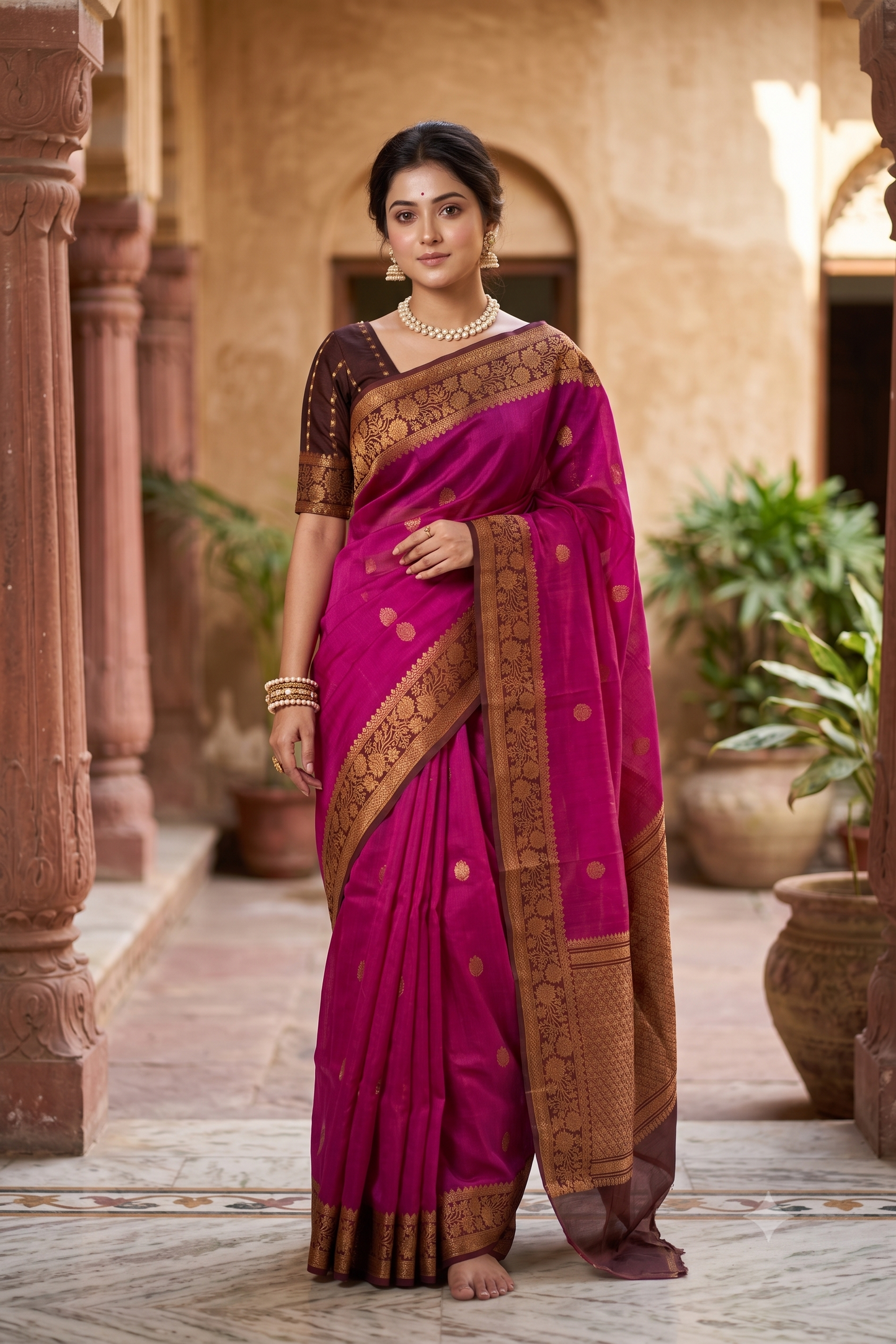 Rani Pink Kora Banarasi Silk Saree, With Unstiched Blouse