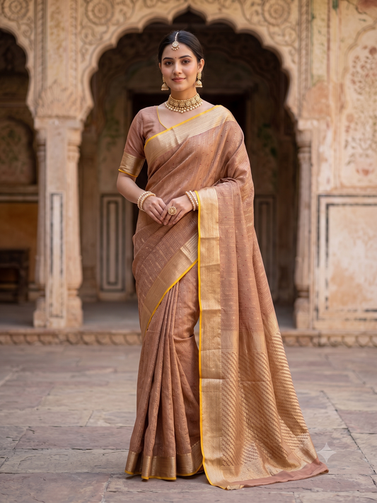 Light Brown Mysore Crepe Silk Banarasi Saree, With Unstiched Blouse