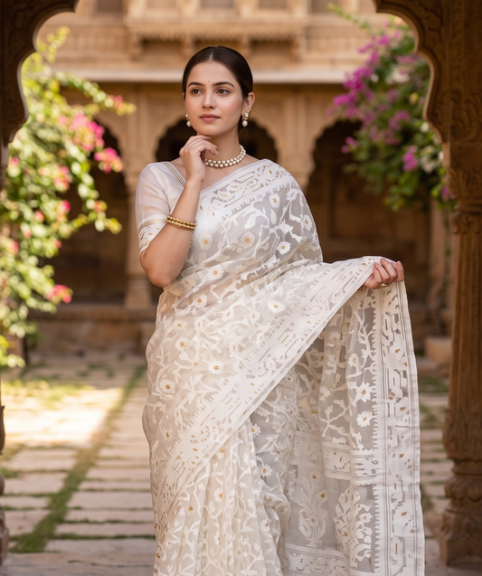 Off-White Muslin Jamdani Saree, With Unstiched Blouse