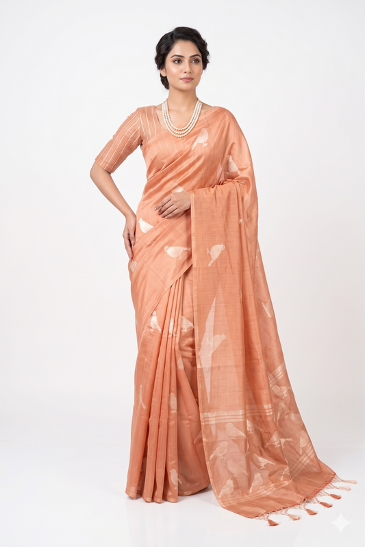 Peach Soft Katan Silk Saree, With Unstich Blouse