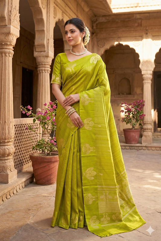 Lime green Tussar handloom saree with mashru border and unstiched blouse, traditional wear by Saarang Sarees.