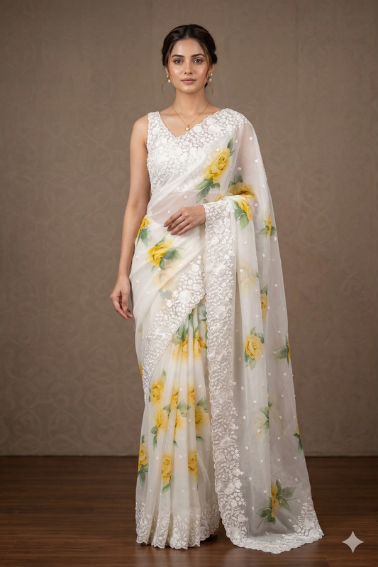 Off-White Printed Georgette Saree With Resham Embroidery Work, With Unstiched Blouse