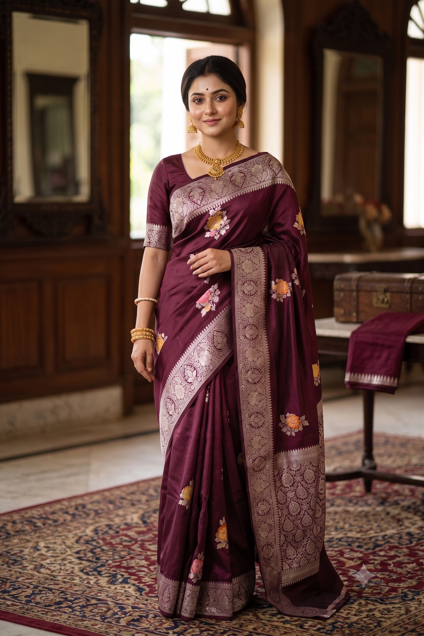 Wine Chiniya Silk Saree Hand Woven Butas, With Unstiched Blouse
