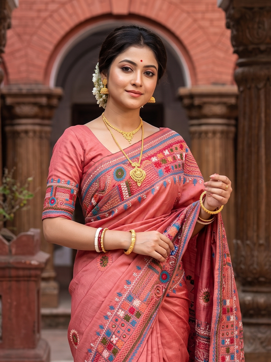 Peach Pink Tussar Hand Embroidery Work Saree, With Unstitched Blouse