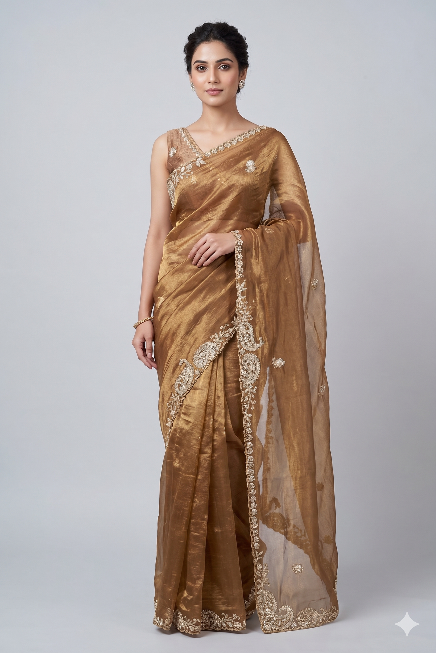 Golden Brown Tissue Silk Embroidery Saree, With Unstiched Blouse