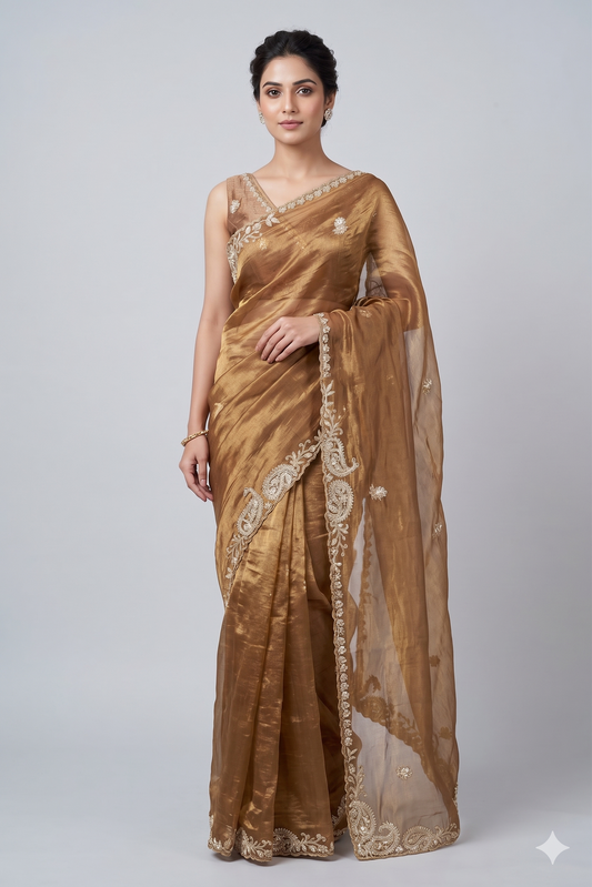 Golden Brown Tissue Silk Embroidery Saree, With Unstiched Blouse