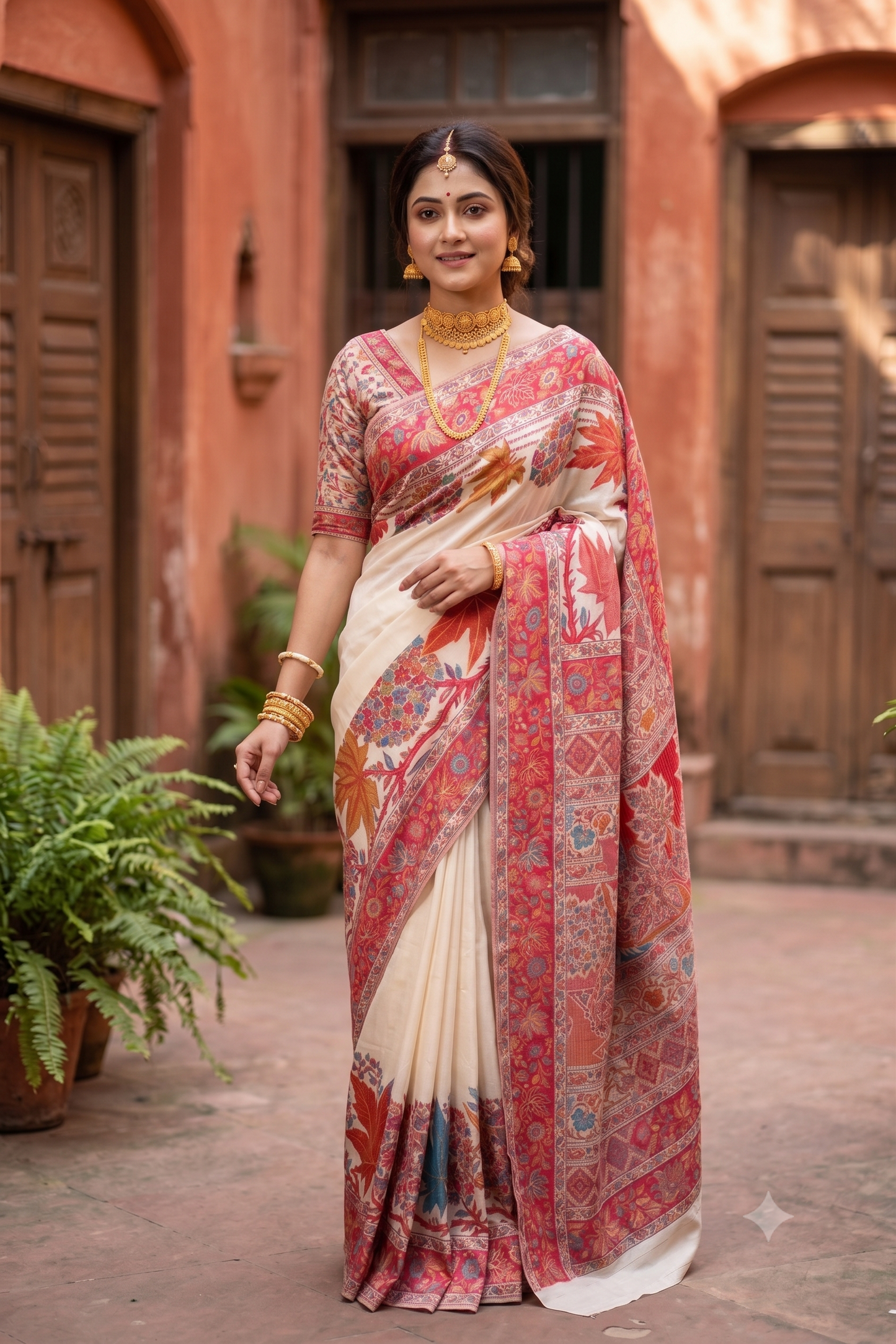 Off-White Pure Kani Handloom Silk Saree With Floral Woven Blouse
