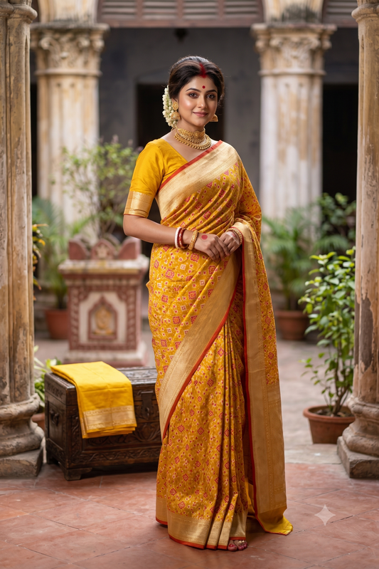 Mustard Yellow & Multi Banarasi Silk Saree With Patola Concept, With Unstiched Blouse