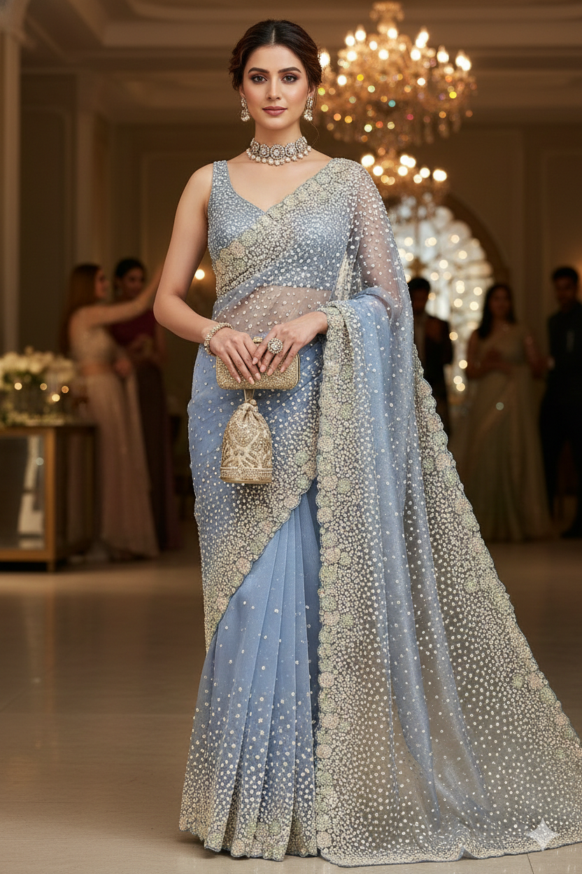 Powder Blue Organza Silk Saree With Sequence Work, With Unstiched Blouse