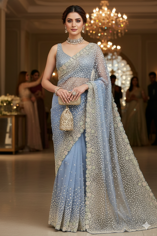 Powder Blue Organza Silk Saree With Sequence Work, With Unstiched Blouse