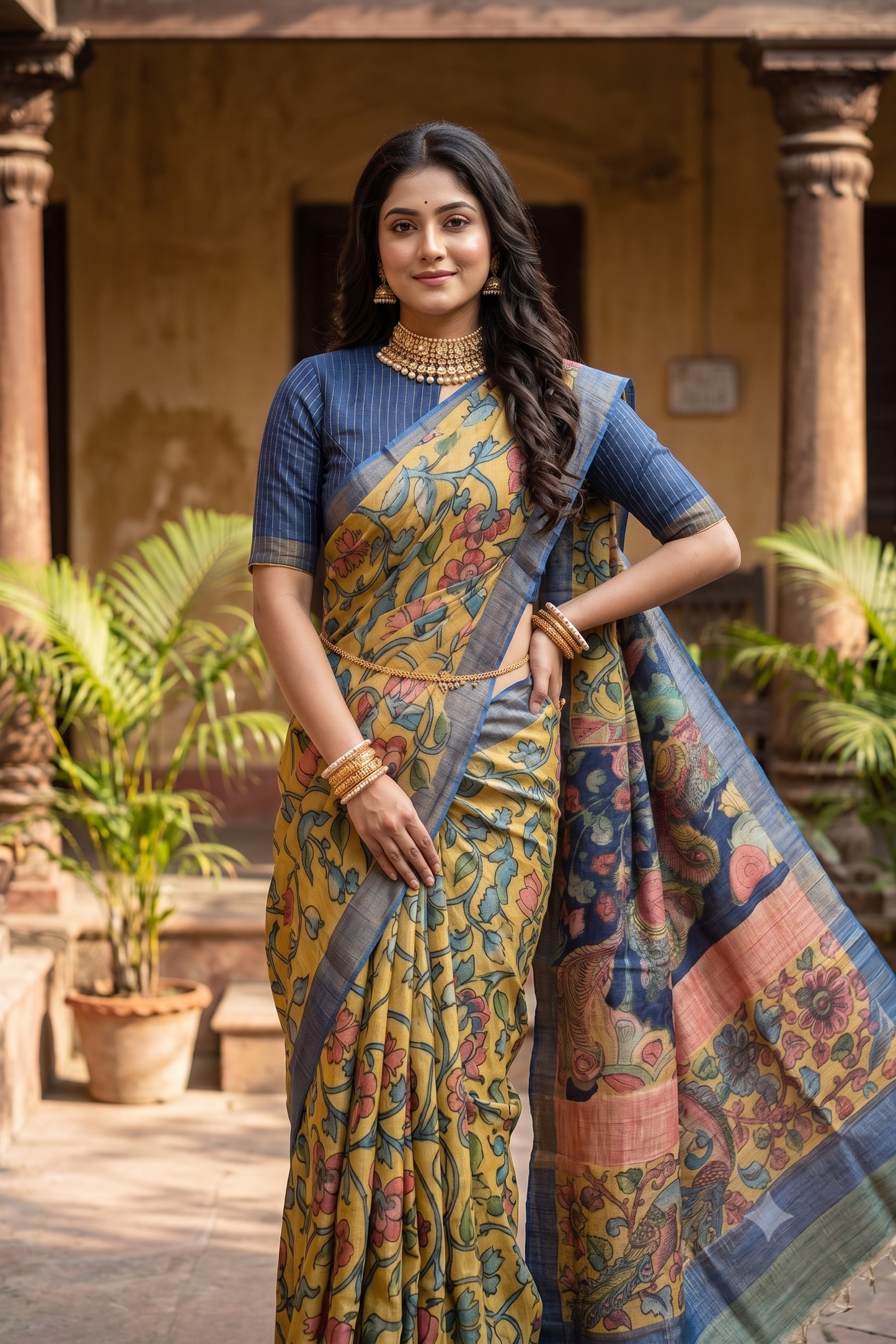 Mustard Yellow Tussar Kalamkari Printed Work Saree, With Unstiched Blouse